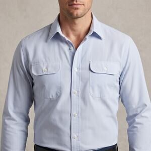 Elite Men's Pinstripe Shirt Blue Long Sleeve Two Pocket Workwear Size 94